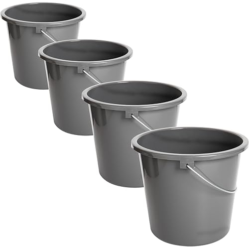 Secchio da 10 l, set da 4 secchi, con scala di misurazione e manico in metallo, secchio in plastica, secchio di plastica senza BPA, secchio per il lavaggio grigio, durevole, versatile e robusto, made