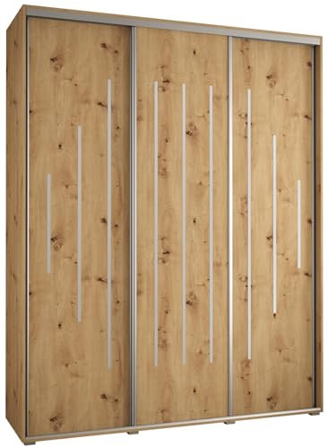 MEBLE KRYSPOL Cannes 12 Moderner Schrank mit 3 Schiebetüren mit Stange, Regale - Aufbewahrungsschrank für Schlafzimmer, Wohnzimmer - 205,2x200x60 cm - Artisan Artisan Silber