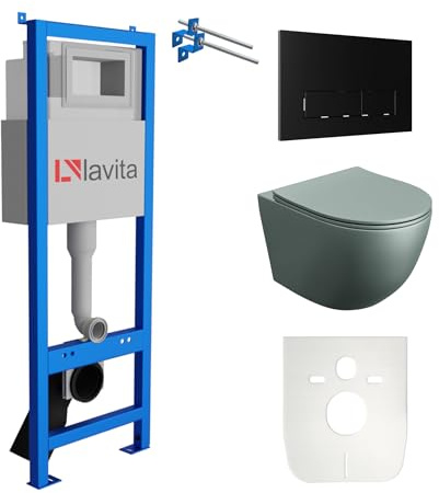 Lavita LAV 101 Vorwandelement für WC 40cm + Wand Hänge Tiefspül WC SINTO Grau Spülrandlos + Bedienplatte LAV 200.3.4 Schwarz | Komplettset | Unterputz Spülkasten | Toilette Komplett Sett