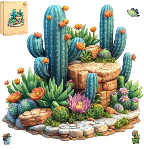 Delobil Succulent Cactus Wooden Puzzles for Adults, 200 Pieces Jigsaw Puzzles, Unique Shaped Medium Size Liberty Wood Puzzle Gift for Adults and Kids, Family Game 11.2'' x 10.8''