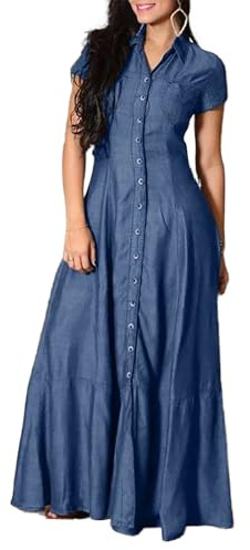 RICOCHO Vestido largo vaquero con botones Vestido largo de mezclilla largo con volantes para mujer, vestido camisero informal de verano, 11, L