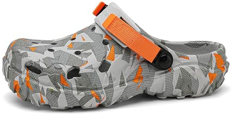 ihinzry Zuecos de jardín para hombre Graphic Mules Clog Slip On Beach Sandalias para hombres al aire libre Zapatillas con correa ajustable, Gris y naranja., 43 EU