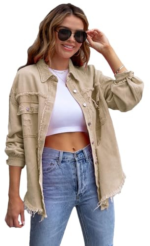 amropi Chaqueta Vaquera para Mujer Blusa Ligero Chaqueta con Bolsillos y Botones Jean Jacket Khaki, XXL