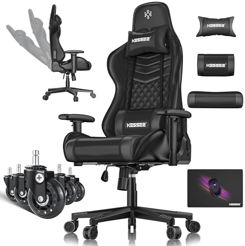 KESSER® Gamingstuhl Ergonomisch Gaming Stuhl Bürostuhl mit Kopfstütze & Lendenkissen | Racing Gamer Stuhl 150kg belastbar | Armlehne 360° | Drehbarer Schreibtischstuhl Gaming Chair + Gummi-Rollen
