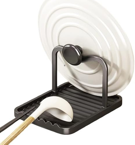 CHANNICORNER Pot Lid Holder,Spoon and Lid Rest for Kitchen, Rust-resistant Space Aluminum Spoon Rest with Lid Holder, Multifunctional Utensil Holder While Cooking with Drip Tray(BLACK)
