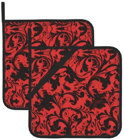 BROLEO Set di 2 presine per la rimozione del coperchio della cucina, spesso, resistente, isolante anti-scottatura, 20,3 x 20,3 cm, alla moda, immagine rossa e nera