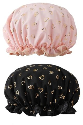 Bonnet de Douche Femme, 2 Pieces Bonnet de Douche élastique Double Couche Imperméable, Bonnet Douche Réutilisable et Lavable pour Femme et Fille de Toutes Longueurs de Cheveux