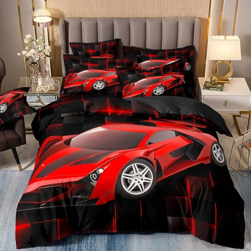 VOGIAY Sportwagen Bettbezug-Set Rot Rennwagen Bettwäsche Set 135x200cm Kinder Jungen Mädchen Extremsport Themen Bettwäsche Cool Speed Luxus-Auto-Dekor Bettbezug mit 1 Kissenbezug