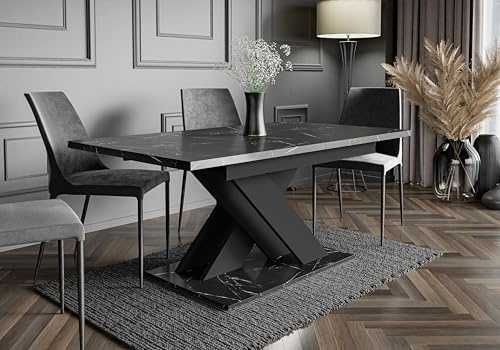Extendable Dining Table, Black Royal Marble Effect, 140-180 x 80 x 75 cm, 6-8 Seater Modern Rectangular Kitchen & Dining Room Table, Space-Saving Design, Matt Surface