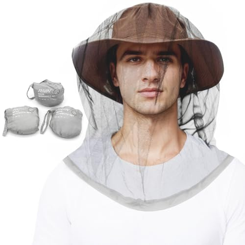 Anvin Mosquito Head Net Bug Hood for Fishing, Camping, Gardening Hat-Compatible Insect Shield Breathable Mesh Face Cover from No See Ums, Insects, Bugs(3 Pack, Upgraded One-Piece Design, Grey)