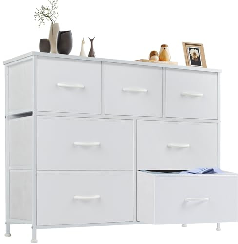 DUMOS Comò per camera da letto con 7 cassetti in tessuto, organizer alto per vestiti, armadio, cameretta dei bambini, torre portaoggetti con telaio in metallo, pannello in legno leggero per la