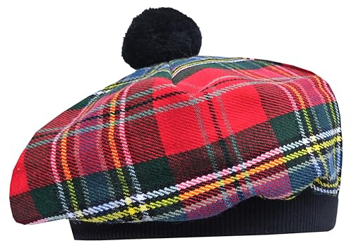 Tam O' Shanter Hat - Classic Tammy Hat Acrylic Wool Flat Bonnet Pom Pom – Perfect Scottish Tartan Beret Style Cap Daily Wear – One Size Fits All
