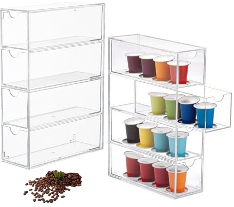 Acrylic Coffee Pods Storage Box, Clear Acrylic Drawers with 4 Drawer Storage Organiser Kitchen Coffee Capsules and SugarPacket Holder with Lid for Office Batheroom Dresser