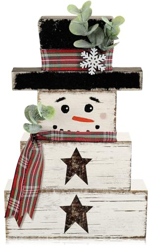 Yousoontic 4 Pcs Winter Snowman Wooden Table Decorations Snowman Rustic Block Signs Centerpiece Tiered Tray Decor Wood Farmhouse Vintage Ornaments Gift Tabletop Decor for Entryway Home Desk Room