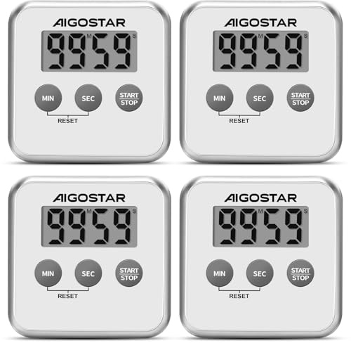 Aigostar 4 Piezas Temporizador de Cocina Digital con Pantalla LCD Grande, Multifunción: Cronómetro, Cuenta Atrás, Adelante y Aviso Sonoro. 3 Formas de Instalación: Imán, Sobremesa o Colgado