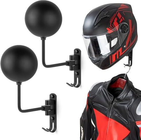 PUERSI Support Mural pour Casque de Moto, 2 Pièces Porte Casque pour Vélo et Moto Pivotant à 180° avec 2 Crochets, pour Accrocher Chapeaux, Manteaux et Clés