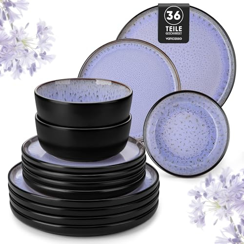 vancasso AMBER Service de Table 12 Personnes, Set Vaisselle 36 Pièces en Grès - Assiettes Plates, Assiettes à Dessert et Bols - Adapté au Micro-Ondes, Glaçure Violette