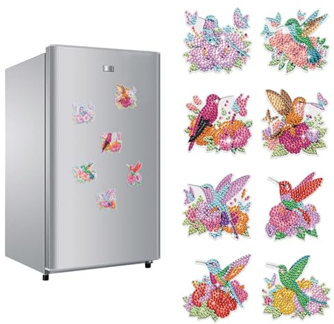 JICFDAO Diamond Painting Magnete Kühlschrank 8 Stück DIY Kühlschrankmagnetaufkleber Diamant Malerei Kühlschrank Magnete Kits Crystal Art Fridge Magnets Einfaches Basteln für Anfänger Kolibri Blumen
