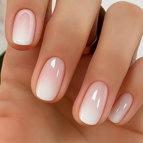 24PCS French Ombre Press On Nails – Short Square Nude Pink False Nails with White Gradient Tips Natural Daily Wear Reusable Handmade False with Glossy Finish