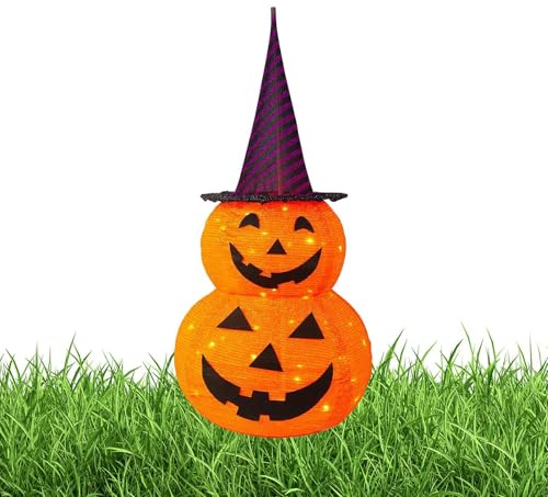 Halloween Kürbis Lampe | Beleuchteter Herbstkürbis mit Hexenhüten - Herbstdekoration Beleuchtung für Innen Außen Garten Bettumrandung Terrasse