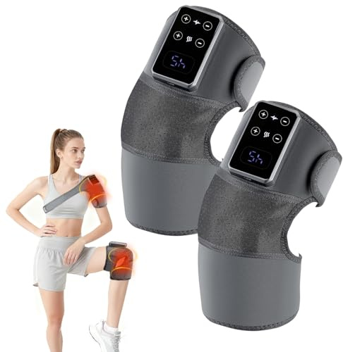 2 Pcs Knee Massager,Cordless Heated Knee Massager,Rechargeable Heating Massager Wrap with Vibration for Knee Shoulder Elbow Pain Relief,5 Heating Modes & 3 Adjustable Intensity,Gifts for Women Men