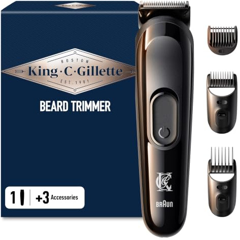 King C Gillette Barttrimmer für Männer, Elektrischer Bartschneider Herren mit 1 Trimmer, 5 Kammaufsätzen, 1 Reinigungsbürste, und 1 Ladegerät, Kabelloser Bartrasierer, 50 Min. Akkulaufzeit