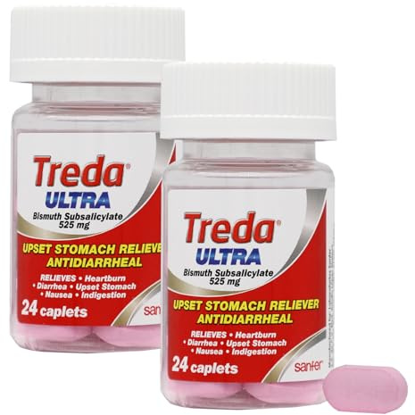 Treda Ultra Bismuth Subsalicylate 525 mg, Upset Stomach Relief, Antidiarrheal Caplets, 24 Count, 2 Pack