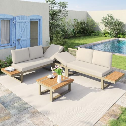 Gartenmöbel-Set, umbaubar 2 Relaxbetten, Eckposition mit verstellbarer Kippfunktion (5-stufig, bis 55°), verzinktes Stahlrohr, Tischplatte Kunststoff-Holz, mit Couchtisch (Beige, 279.5x218.5x72CM)