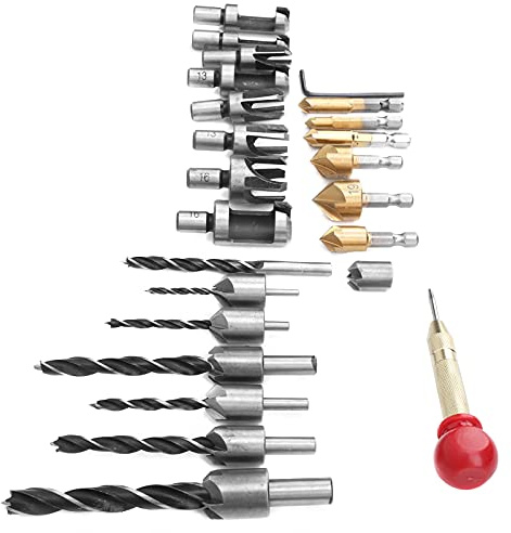 Ausla Juego de Brocas para Carpintería, Cortador de Tapón de Acero de Alta Velocidad y Brocas Avellanadoras, Kit de 23 Piezas Chapado en Ti con Llave Hexagonal y Punzón Central para Carpintería