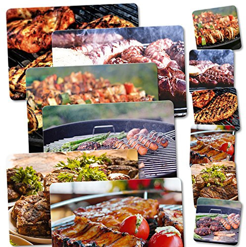 ADDIES Set de table et dessous de plat Lot de 12 Verre teilig. avec motifs de barbecue laminé Sets de table et dessous de verre avec liège Dessous dans un beau coffret cadeau Transparent