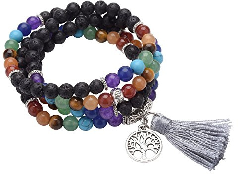 CrystalTears Mala Kette 108 Perlen Wickelarmband Chakra Steine Mala Armband mit Lebensbaum Anhänger 6mm Perlen Buddhismus Gebetskette Healing Reiki Halskette