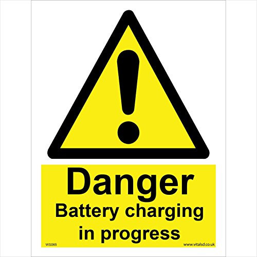 WS065 Danger Battery Charging in Progress Sign Area Work Place Charge Keep Clear 200mm x 300mm Magnetic - Vehicle Grade