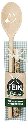 Hochwertiger Holz Kochlöffel Höhe 30 cm mit Gesicht und Gewürzmischung 15 Gramm sowie Rezeptidee in Geschenkform