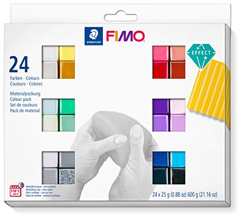 STAEDTLER ofenhärtende Modelliermasse FIMO effect, perfekt abgestimmte Farbkombinationen mit unterschiedlichen Effekten, 24 Halbblöcke á 25g in sortierten Farben, 8013 C24-1