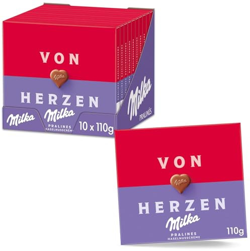 Milka Von Herzen Pralinen, 110 g (10er-Pack) | Herzförmige Pralinen gefüllt mit feiner Haselnusscrème, umhüllt von zart schmelzender Alpenmilchschokolade