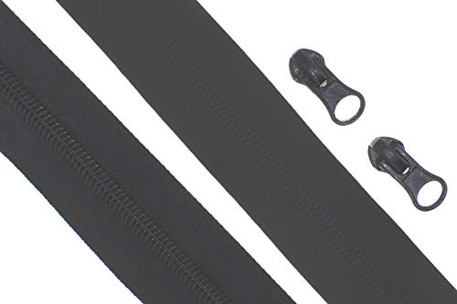 zipworld Endlos - Reißverschluss Reißverschlüsse Kunststoff Wasserdicht Spiral meterware 1 Meter + 2 Zipper (schwarz - matt)