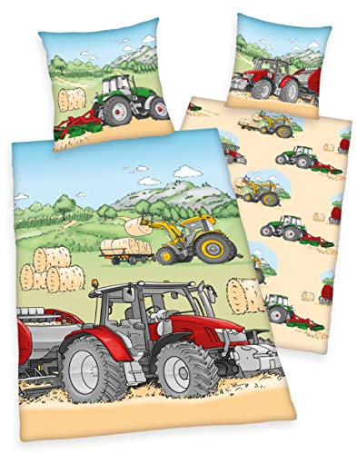 Biancheria da letto double-face per bambini, trattore, 135 x 200 cm + 80 x 80 cm (rinforzato)