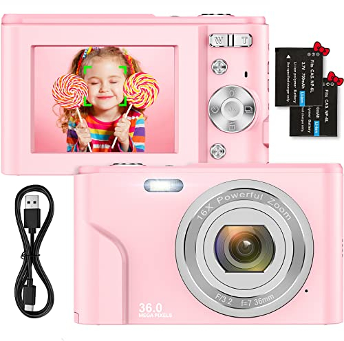 Appareil Photo Numérique Compact 1080P Mini Video Camera 2,4 Pouces 36MP HD LCD Rechargeables Vlogging Appareil Photo avec 16X Digital Zoom, Cadeau pour Adolescents,Enfants,Débutants,Adultes(Rose)
