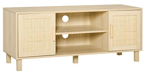 HOMCOM Mobile Porta TV con Vani Aperti e Ante in Rattan, Mobiletto per TV Fino 50'', 115x40x48cm, Colore Legno