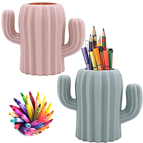 YANJINGHE 2 Stücke Bleistiftbehälter Organizer, Stifthalter Desktop, Make Up Pinselhalter, Kreativ Komisch Kaktusform Stiftebecher Stiftbox für Schreibtisch, Büromaterial, Waschtisch (Pink, Grün)