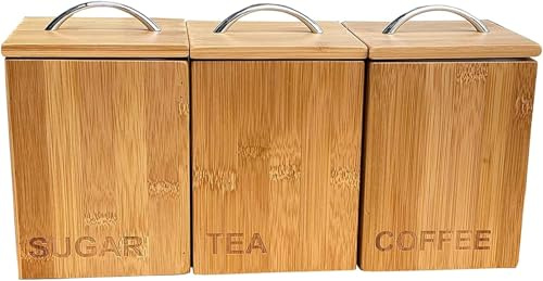 Tea Coffee Sugar Jars Canisters with Lids, Kitchen Organiser Set Wooden Kitchen Canister Set with Stylish Lid Wood Organiser Camper Van Camping Sachet Teabag Sugar Organizer Storage jars