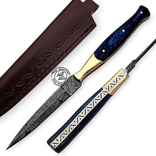 Beautiful Blue Wood Damascus Slim Dagger Hunting Knife, Double Edge, Fixed Blade Hunting Knife for EDC, Camping, Outdoor Survival Hunting Accessories, Gifts for Men, Boyfriend, Dad, Father’s Day Gift, 100% Prime Quality