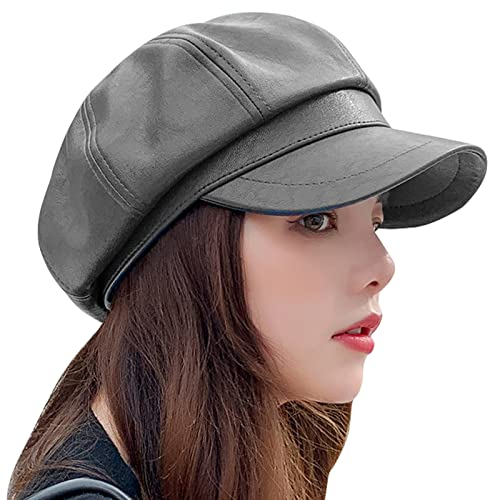 FEOYA Ballonmütze Damen Leder Schirmmütze Damen Winter Newsboy Cap Baker Boy Mütze Damen Grau