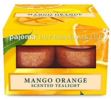pajoma® Duftteelichte 12 Stück, Mango Orange | mit Stearinsäure-Wachs in Polycarbonathülle | Brenndauer ca. 3 Stunden - Höhe 1,5 cm ø 3,5 cm | Premium Qualität | Deko, Gastronomie, Outdoor