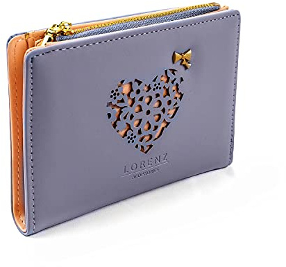Woodland Leathers Women's Wallet and RFID Card Holder with Decorative Heart Pattern, Bifold Lady Zipper Purse Button Wallet with Multiple Card Slots and Roomy Compartment (Cool Blue)