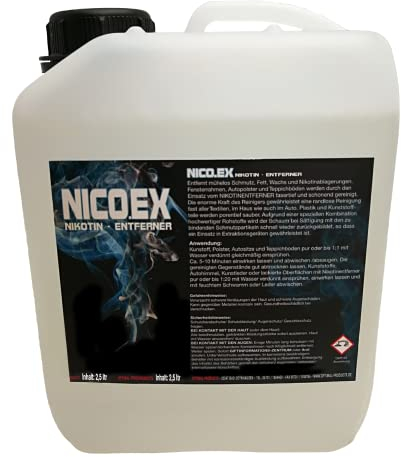 Optimal Products Nikotinentferner Nicoex I Nikotin Entferner Reiniger 2,5 L im Kanister I Ruß- & Nikotinreiniger I Entfernt Schmutz, Fett & Wachs | Inklusive Mischflasche, Zerstäuber + Auslaufhahn