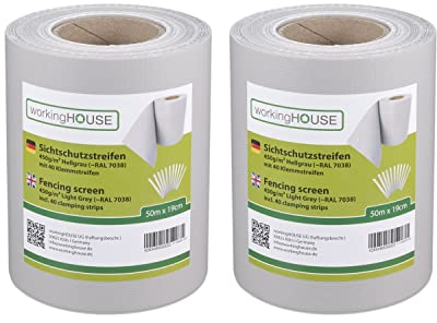 WORKINGHOUSE PVC Sichtschutzstreifen 450g/m² Standard für Doppelstabmatten Zaun – 2er Spar-Set (100m Gesamtlänge), Hellgrün RAL 7038 | Wind- & Blickschutz, wetterfest, inkl. Clips