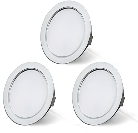 3er Set LED Einbaustrahler 12V LED Spot Warmweiß Dimmbar Möbeleinbauleuchte | 3,5W 300LM, Lochmass 55-58mm und 15mm Flach, 3000K, Einbauspots für Wohnmobil Wohnwagen Boot, Chrom