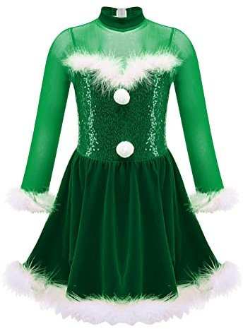 Alvivi Eiskunstlauf Kleid für Kinder Mädchen Ballettkleid Weihnachtskleid Langarm Ballettanzug Ballerina Latein Tanzkleid Weihnachten Partykleid Ca Grün 146-152