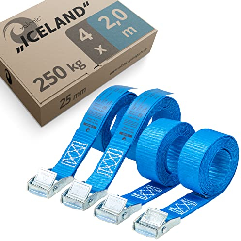 valonic Iceland - 4X 2m Spanngurte mit Pad, 25mm, 250kg, TÜV Rheinl. / GS Zertifiziert EN-12195-2 - Spanngurt mit Klemmschloss für Auto Dachbox, SUP Board, Kajak, blau